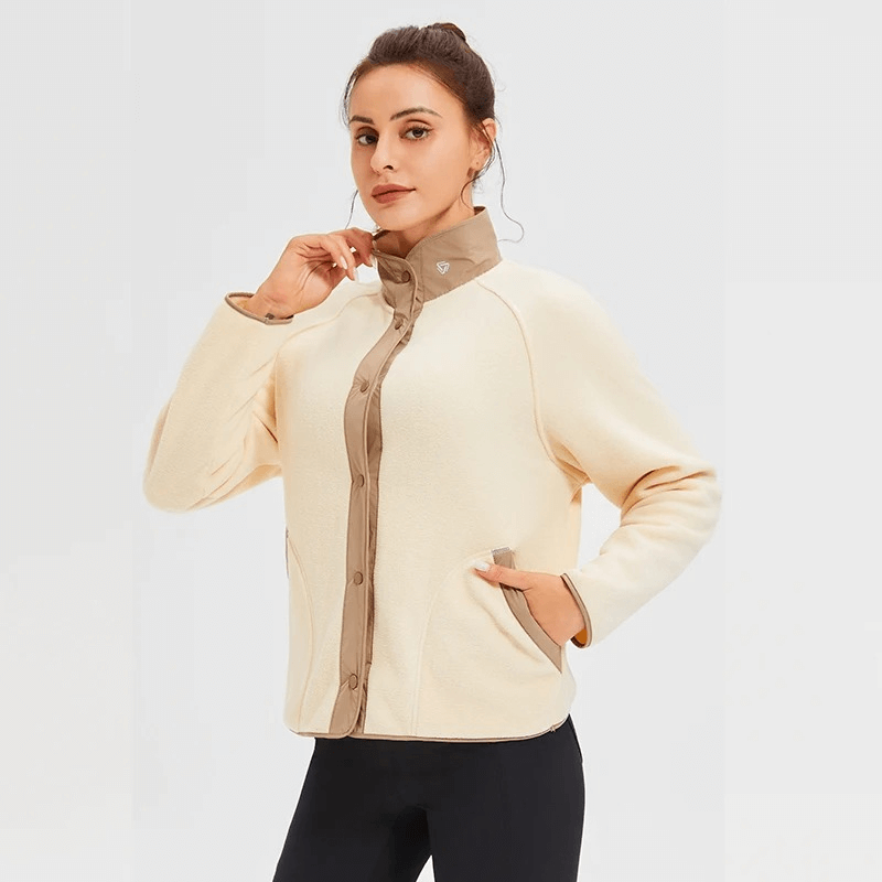 Stylish Wool Sports Jacket SF2009 with windproof mandarin collar, perfect winter wear for running. Model wearing jacket, side view.